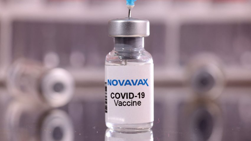 A vial labelled “Novavax V COVID-19 Vaccine” is seen in this illustration taken January 16, 2022. 