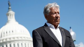 Former race car driver Mario Andretti listens during a news conference on May 01, 2024 in Washington, DC. Rep. John James (R-MI) hosted Andretti on Capitol Hill to respond to the Formula 1 management denying his family and General Motors the opportunity to join the global motorsports series. 