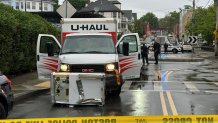 A smashed ATM in front of a U-Haul after a robbery attempt in Boston's Dorchester neighborhood on Thursday, May 30, 2024.