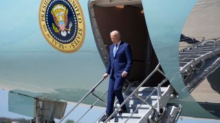 President Joe Biden arrives at Milwaukee Mitchell International Airport, May 8, 2024, in Milwaukee.