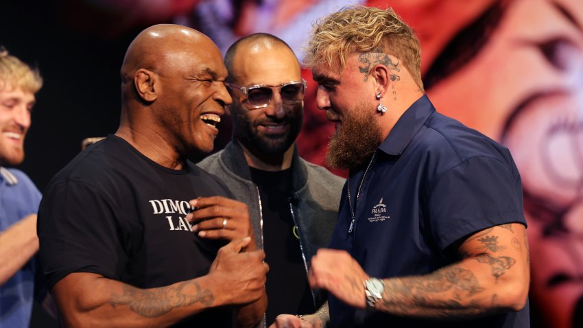 NEW YORK, NEW YORK – MAY 13: Mike Tyson and Jake Paul attend the Jake Paul vs. Mike Tyson press conference at The Apollo Theater on May 13, 2024 in New York City.