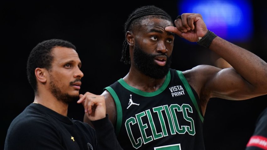 Celtics head coach Joe Mazzulla and wing Jaylen Brown