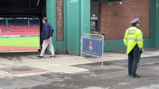A Boston police officer at Fenway Park on Monday, May 6, 2024, amid an investigation.