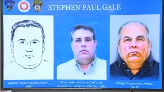Images of Stephen Paul Gale, who is wanted on suspicion of sexual assault and kidnapping in a 1989 Framingham, Massachusetts, incident, from left: A police sketch, a 1995 California DMV photo and an FBI age progression rendering.