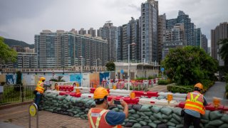 Sandbags placed near the waterfront in a residential area during a No. 8 storm signal raised for Super Typhoon Saola in Hong Kong, China, on Sept. 1, 2023.