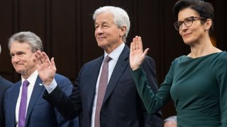 (L-R) Brian Moynihan, Chairman and CEO of Bank of America; Jamie Dimon, Chairman and CEO of JPMorgan Chase; and Jane Fraser, CEO of Citigroup; testify during a Senate Banking Committee hearing at the Hart Senate Office Building in Washington, D.C., on Dec. 6, 2023.