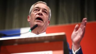 Honorary President of the Britain’s right-wing populist party Reform UK and newly appointed leader Nigel Farage speaks during a campaign meeting, on June 3, 2024, ahead of the UK general election of July 4. Nigel Farage on June 3, 2024 said he would stand as a candidate for the anti-immigration Reform UK party at the UK general election next month, after initially ruling out running.