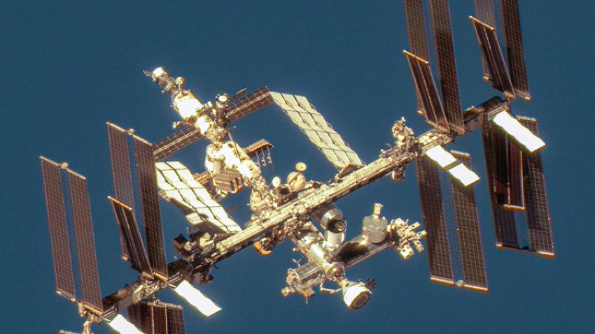 A satellite image shows an overview of the International Space Station with the Boeing Starliner spacecraft, June 7, 2024.