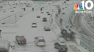 Dramatic video shows moment car barrels into Boston guardrail before falling onto I-93 ramp