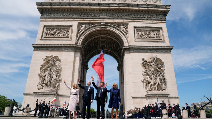 U.S. First Lady Jill, Biden, U.S. President Joe Biden, French President Emmanuel Macron and Brigitte Macron