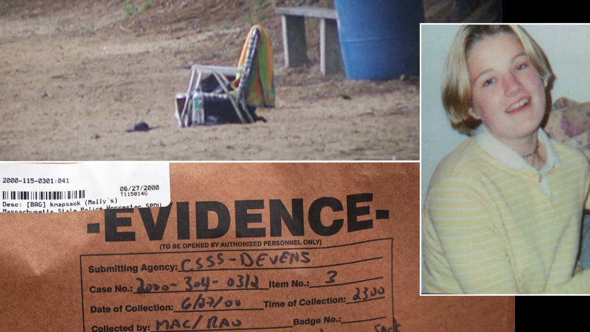 Images showing Molly Bish, her knapsack along with chairs at Comins Pond, and an evidence bag containing the knapsack.