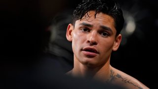 DALLAS, TEXAS - APRIL 09: Ryan Garcia speaks to reporters during a media workout at World Class Boxing Gym on April 09, 2024 in Dallas, Texas. (Photo by Sam Hodde/Getty Images)