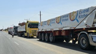 Egyptian trucks carrying humanitarian aid bound for the Gaza Strip