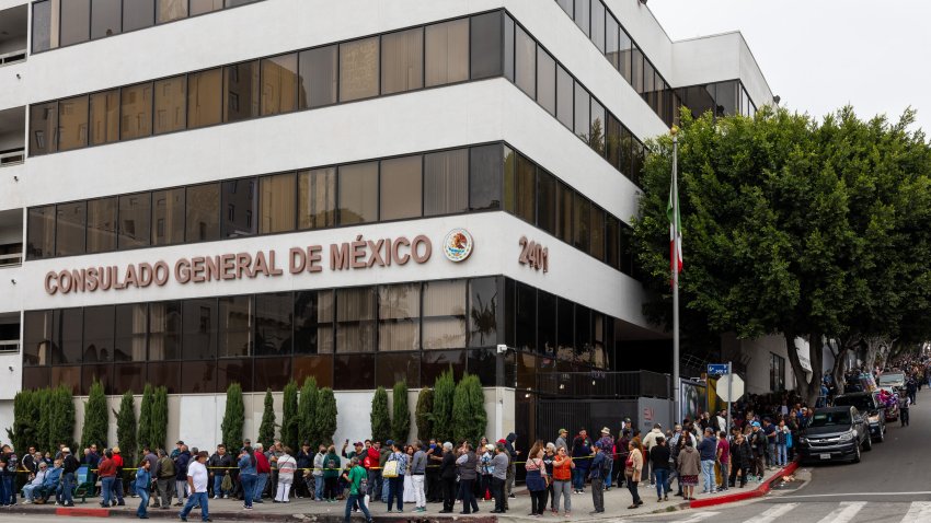 LOS ANGELES, CA - JUNE 02: People line up to vote during Mexico's general election outside the Mexican Consulate on June 2, 2024 in Los Angeles, California. Mexico has set up polling stations in many parts of the United States to provide convenience for Mexicans in the country during the general election. (Photo by Qian Weizhong/VCG via Getty Images)