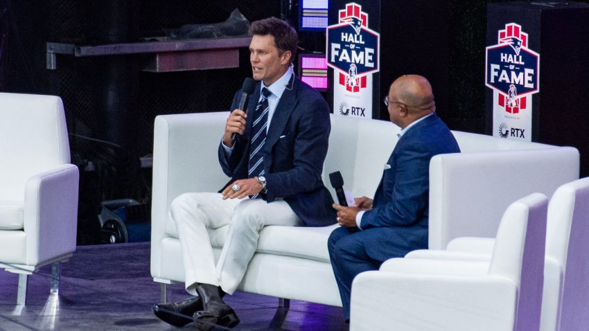 Former New England Patriots quarterback Tom Brady speaks on stage during his 2024 Hall of Fame induction ceremony at Gillette Stadium in Foxborough, Massachusetts, on June 12, 2024.