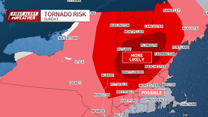 A map showing the tornado risk across the Northeast on Sunday, June 23, 2024. Tornadoes are more likely in central and southern Vermont and New Hampshire and possible across almost all of New England, including in the Boston area and most of New York State.