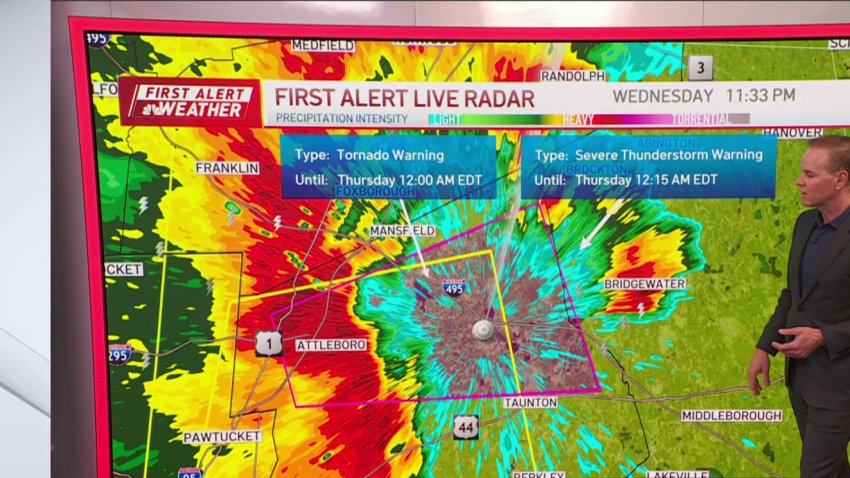 NBC10 Boston Meteorologist Pete Bouchard shows the radar during severe storms that contained tornadoes late Wednesday night.