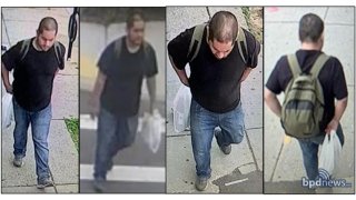 Surveillance images of a man wanted in connection with an indecent assault and battery on a child that took place Thursday, June 6, 2024, in Boston's Dorchester neighborhood.