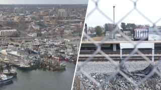 Split image of Downtown New Bedford and Church Street MBTA Station