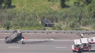 Two wrecked vehicles on Route 24 in Avon, Massachusetts, on Tuesday, June 18, 2024.