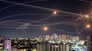 Israel’s Iron Dome anti-missile system intercepts rockets launched from the Gaza Strip, as seen from Ashkelon, in southern Israel, October 20, 2023.