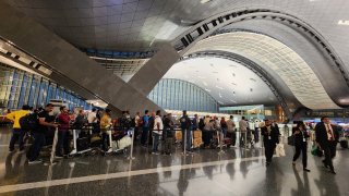 Football fans are seen at the Hamad international Airport ahead of the 2022 FIFA World Cup.