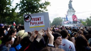 Supporters of the left wing union, New Popular Front, gather at the Place de la Republique on July 7, 2024 in Paris, France following the defeat of the far-right in France’s legislative elections. 