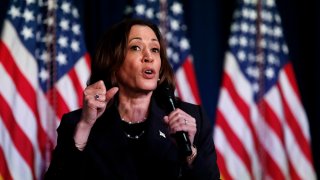 US Vice President Kamala Harris speaks at a moderated conversation with former Trump administration national security official Olivia Troye and former Republican voter Amanda Stratton on July 17, 2024 in Kalamazoo, Michigan.