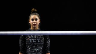 Levi Jung-Ruivivar competes in the Uneven Bars routine during the women's senior division of the U.S. Classic at Maverik Center on July 30, 2022 in West Valley City, Utah.