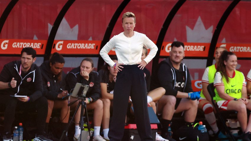 TORONTO, ON - JUNE 04: Bev Priestman Head Coach of Canada looks on during an International Friendly match against Mexico at BMO Field on June 4, 2024 in Toronto, Ontario, Canada.