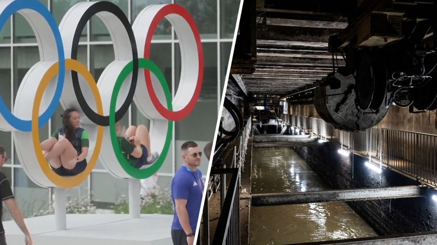 People by the Olympic rings and a the interior of Paris' sewer system