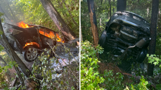 Images of a fiery car crash off I-495 in Hopkinton, Massachusetts, shared by the local fire department.