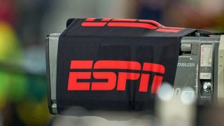 A detail view of an ESPN logo is seen on a broadcast tv camera at Q2 Stadium in Austin, TX. 