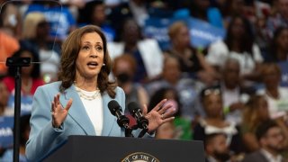 Democratic presidential candidate, U.S. Vice President Kamala Harris speaks at a campaign rally at the Georgia State Convocation Center on July 30, 2024 in Atlanta, Georgia. 