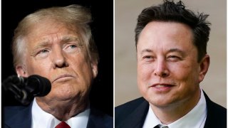 Former President Donald Trump, left, during a rally at the Minden Tahoe Airport in Minden, Nevada, Oct. 8, 2022, and Elon Musk in Wilmington, Delaware, July 12, 2021.