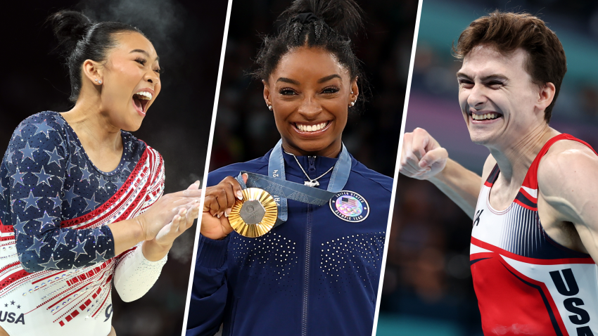 Split image of Suni Lee, Simone Biles and Stephen Nedoroscik