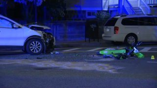 The scene of a motorcycle crash on Talbot Avenue in Boston’s Dorchester neighborhood.