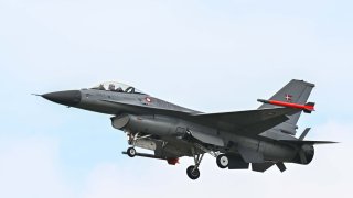 File. A Royal Danish Air Force F-16 aircraft performs a demonstration flight during the fifth day of Farnborough International Airshow at Farnborough International Exhibition & Conference Centre in Farnborough, United Kingdom on July 26, 2024.