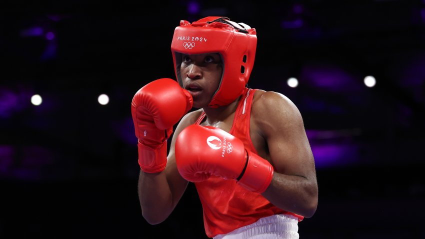 Cindy Ngamba of Refugee Olympic Team during the Women's 75kg Quarter-final match at the Paris 2024 Olympics on August 04, 2024.