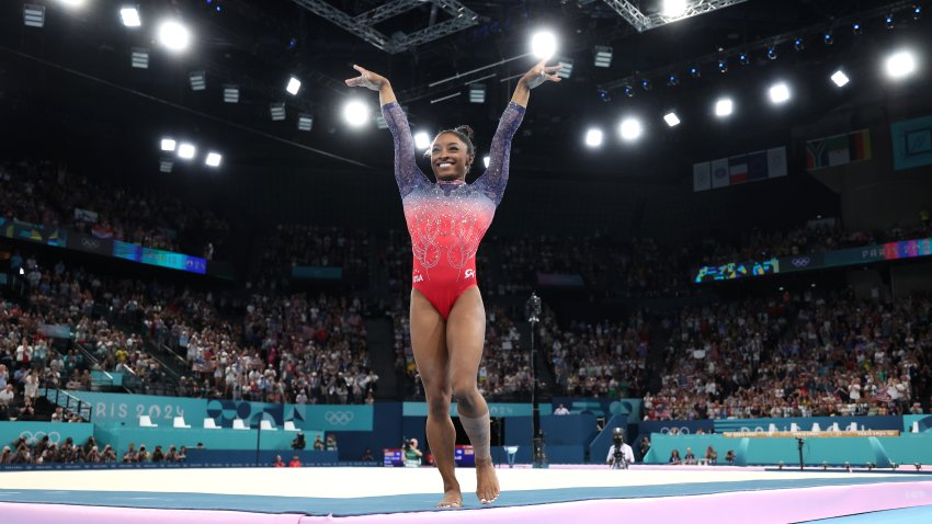 PARIS, FRANCE – AUGUST 05: Simone Biles of Team United States reacts after competing in the Artistic Gymnastics Women’s Floor Exercise Final on day ten of the Olympic Games Paris 2024 at Bercy Arena on August 05, 2024 in Paris, France. (Photo by Naomi Baker/Getty Images)