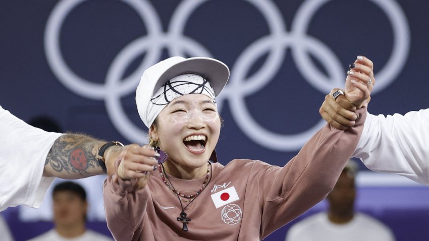 Japan’s Ami Yuasa known as Ami celebrates winning the gold medal at the end of the Women’s Breaking dance gold medal battle of the Paris 2024 Olympic Games at La Concorde in Paris, on August 9, 2024. (Photo by Odd ANDERSEN / AFP) (Photo by ODD ANDERSEN/AFP via Getty Images)