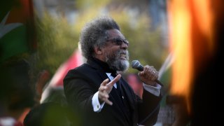 Independent presidential candidate Cornel West addresses a pro-Palestinian rally on the third day of the Democratic National Convention (DNC) at the United Center in Chicago, Illinois, on August 21, 2024. Vice President Kamala Harris will formally accept the party’s nomination for president at the DNC which runs from August 19-22 in Chicago. (Photo by MATTHEW HATCHER / AFP) (Photo by MATTHEW HATCHER/AFP via Getty Images)