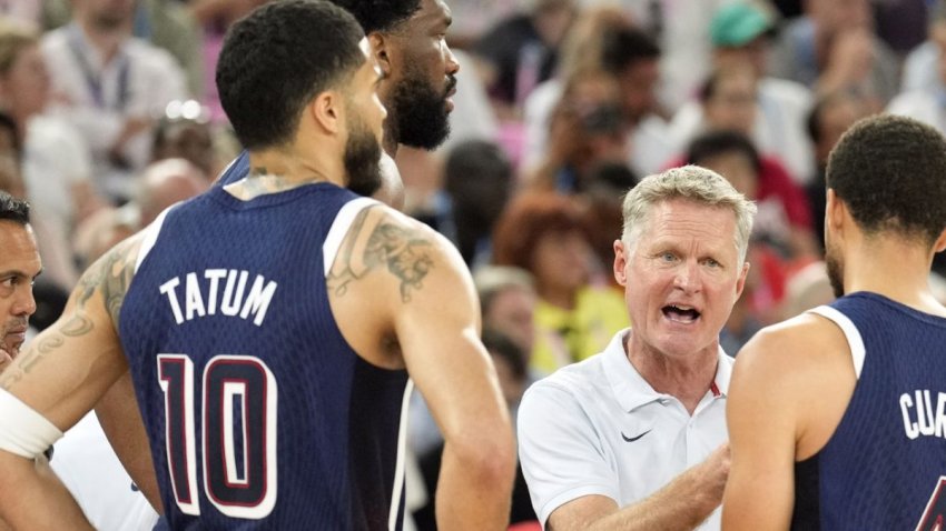 Team USA forward Jayson Tatum and head coach Steve Kerr