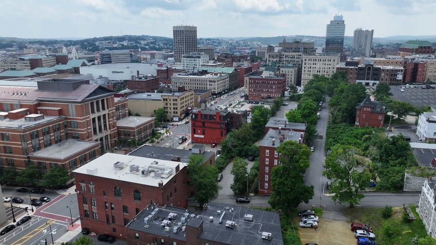 An aerial view of Worcester, Massachusetts