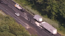 A crash involving trucks on the Massachusetts Turnpike in Charlton on Monday, Aug. 19, 2024.