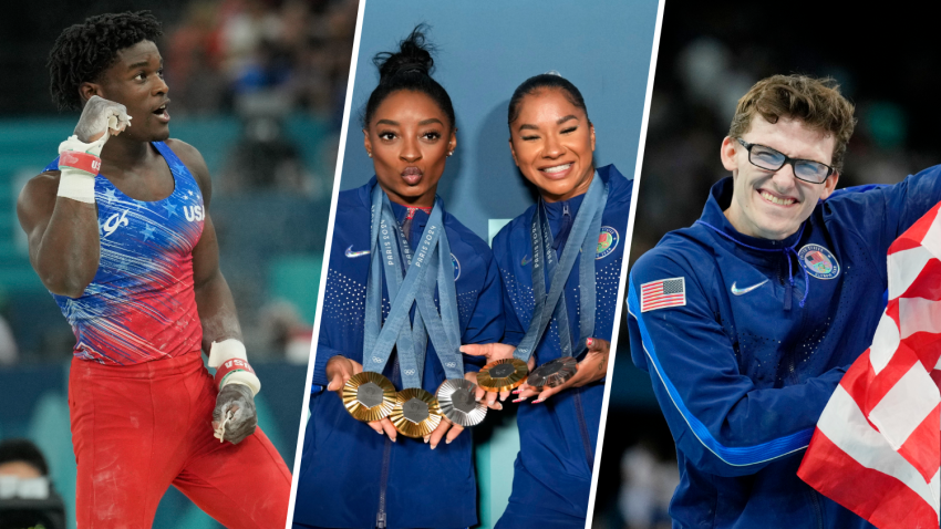 From left: U.S. Olympic gymnasts Frederick "Flips" Richard, Simone Biles, Jordan Chiles and Stephen Nedoroscik, all of whom are expected at the Gold Over America Tour in Boston on Oct. 6-7, 2024.