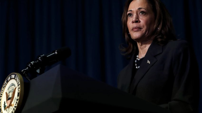 U.S. Vice President Kamala Harris attends a moderated conversation with former Trump administration national security official Olivia Troye and former Republican voter Amanda Stratton on July 17, 2024, in Kalamazoo, Michigan