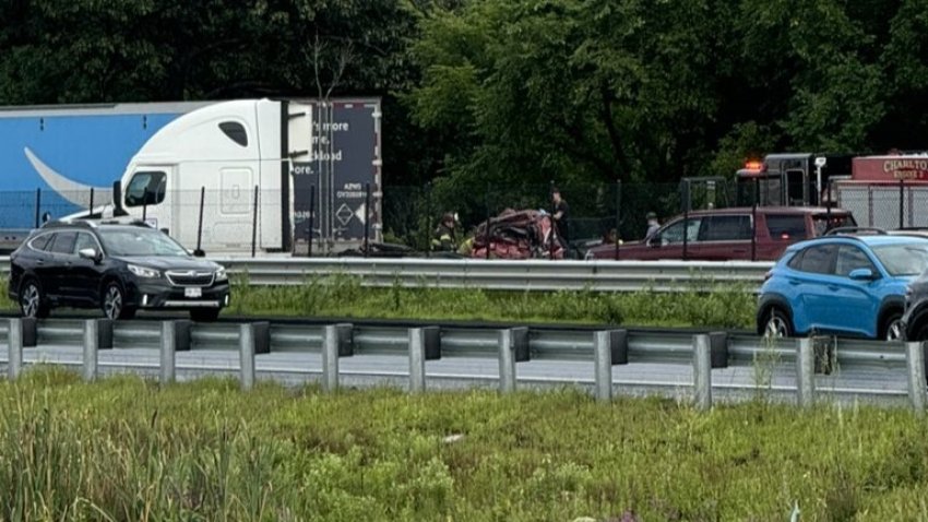 A truck crash on the Massachusetts Turnpike in Charlton on Monday, Aug. 19, 2024.