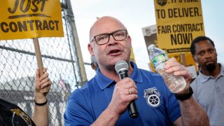 Sean O’Brien, president of the International Brotherhood of Teamsters, speaks to UPS Teamsters during a picket ahead of an upcoming possible strike, outside of a UPS Distribution Center in Brooklyn, New York, July 14, 2023.