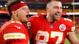 Patrick Mahomes and Travis Kelce of the Kansas City Chiefs celebrate a victory in 2022.